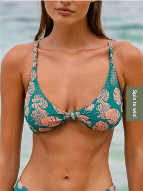 Peach Bikini Set with Teal Tropical Print — Knot Front Top & High-Cut Bottoms
